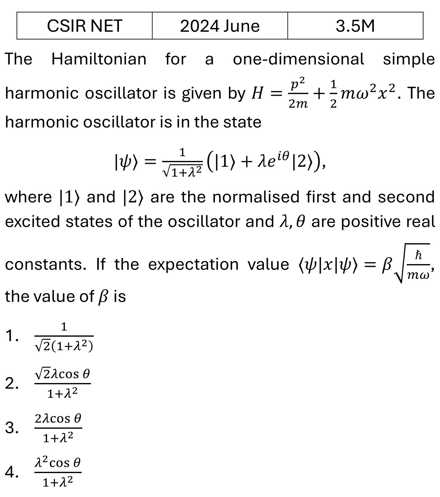 CSIR NET 2024 June Quantum Harmonic Oscillator previous year question CSIR_2024_June_Q25