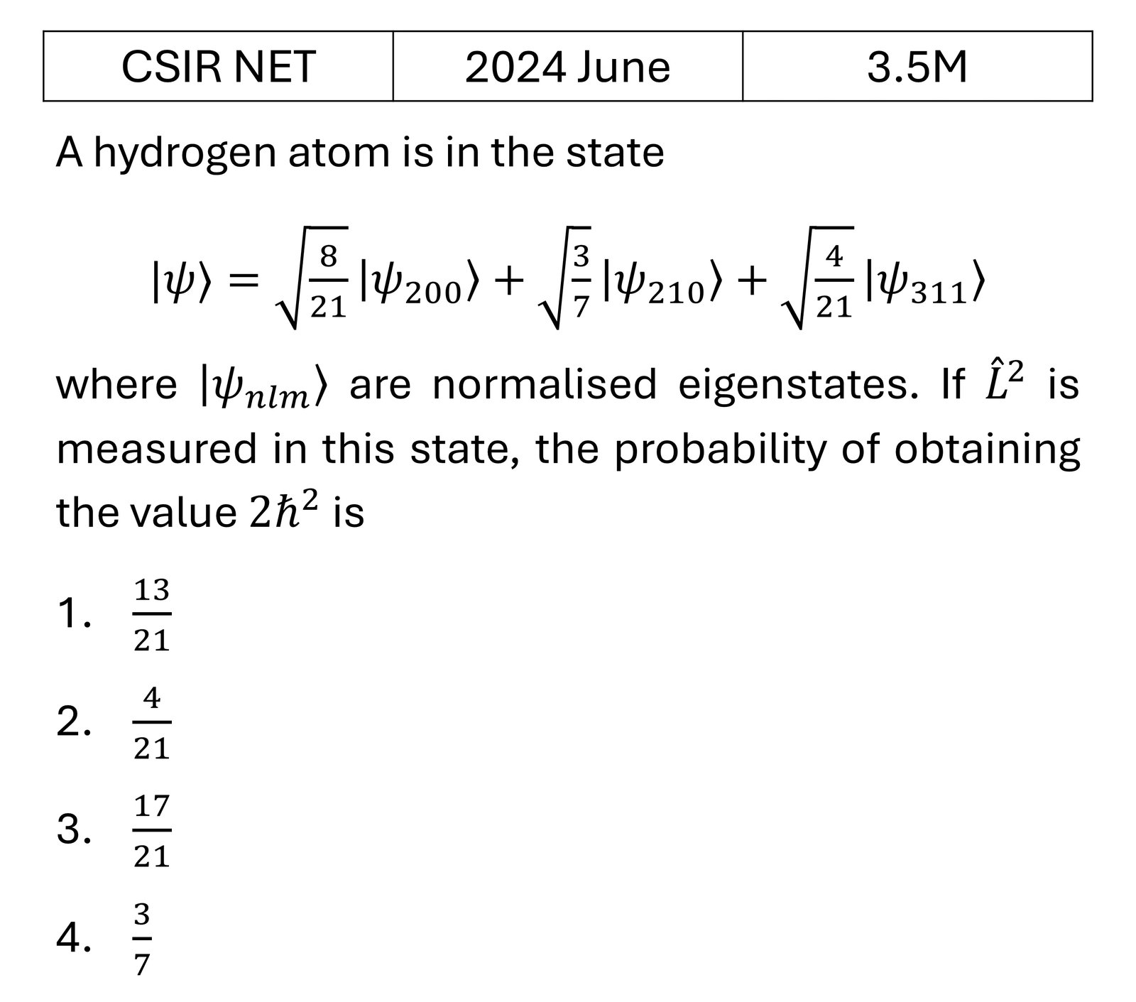 CSIR NET 2024 June Orbital angular Momentum and Hydrogen atom previous year question CSIR_2024_June_Q29