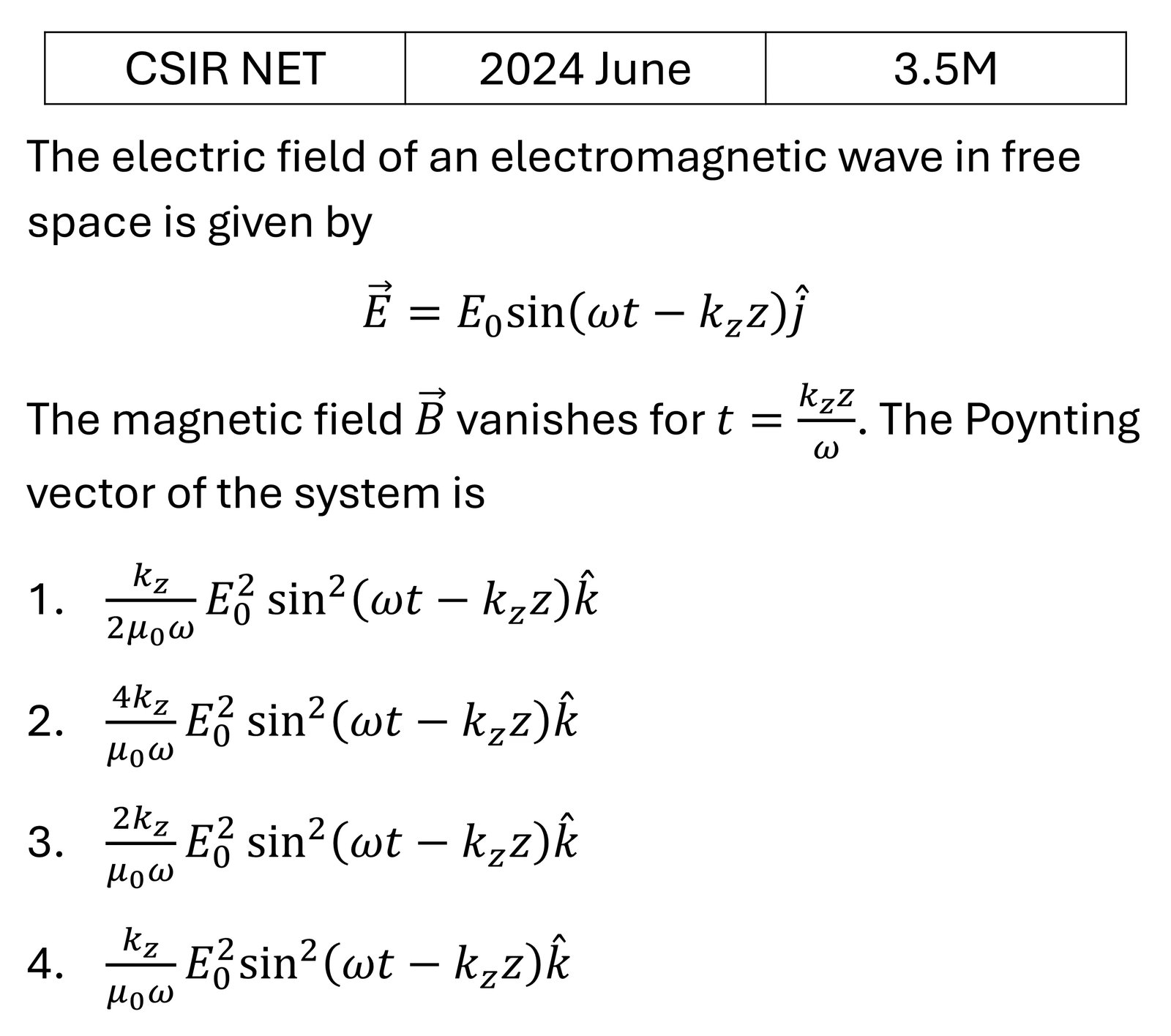 CSIR NET 2024 June EM Waves previous year question CSIR_2024_June_Q35
