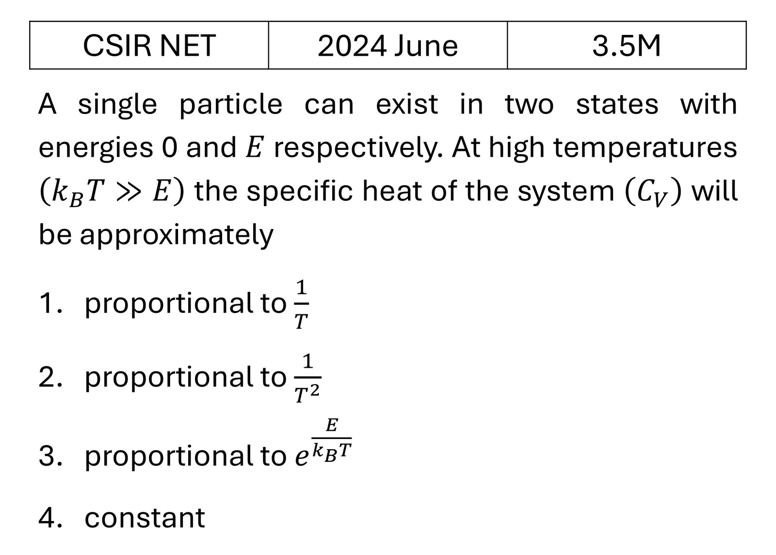 CSIR NET 2024 June Canonical Ensemble previous year question CSIR_2024_June_Q39