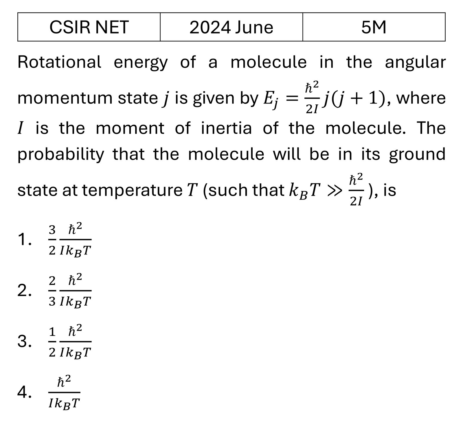 CSIR NET 2024 June Molecular Physics previous year question CSIR_2024_June_Q61