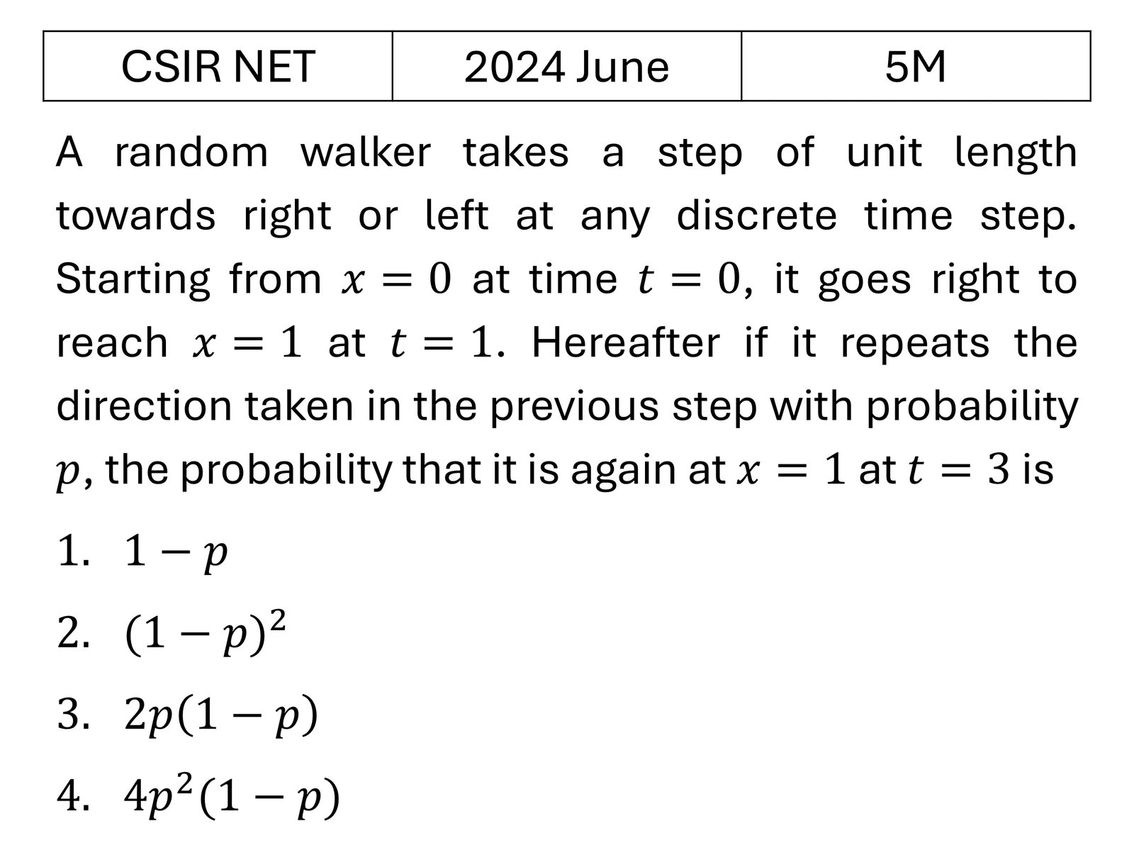 CSIR NET 2024 June Random Walk/Brownian motion/Diffusion previous year question CSIR_2024_June_Q62