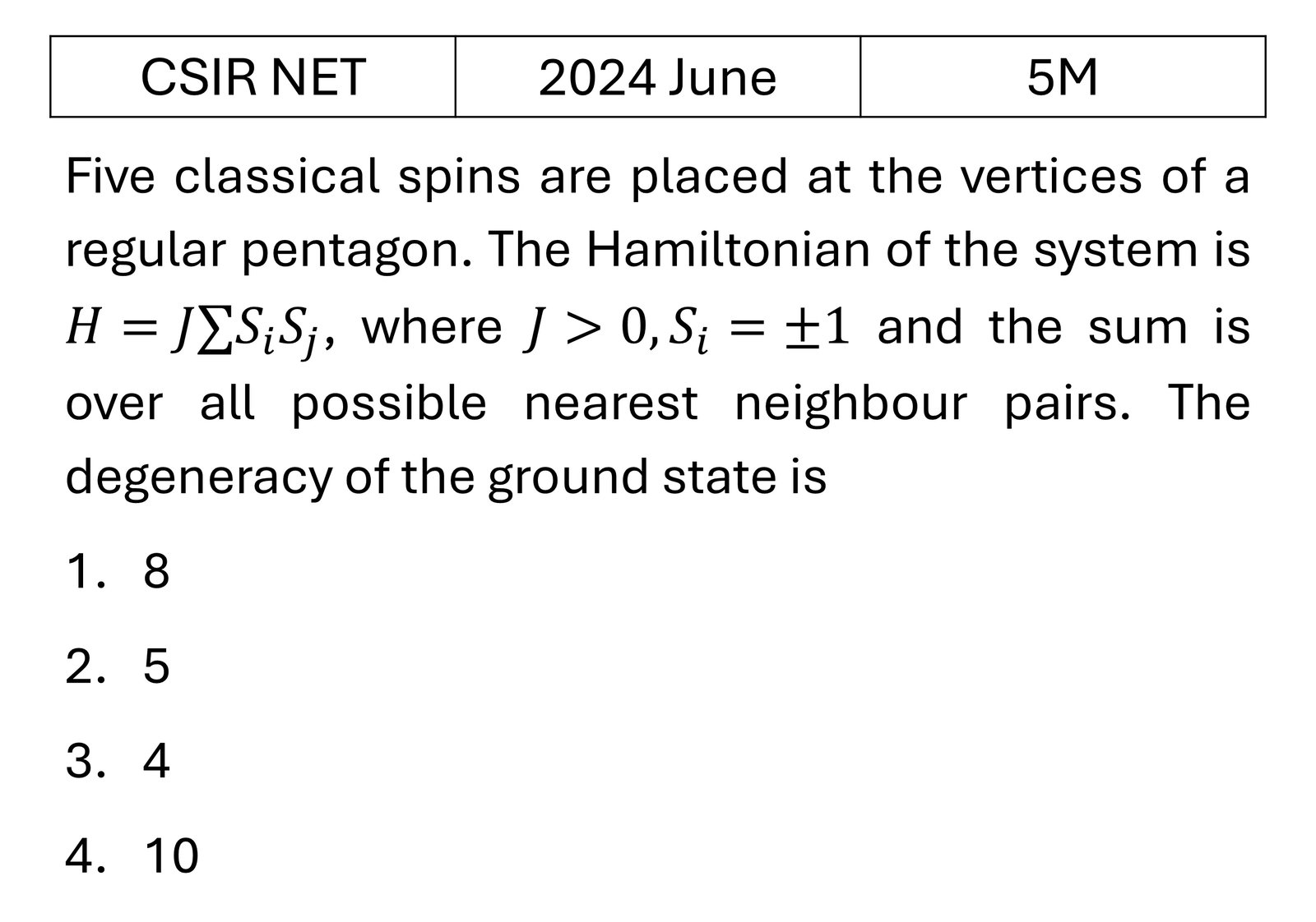 CSIR NET 2024 June Ising model previous year question CSIR_2024_June_Q63