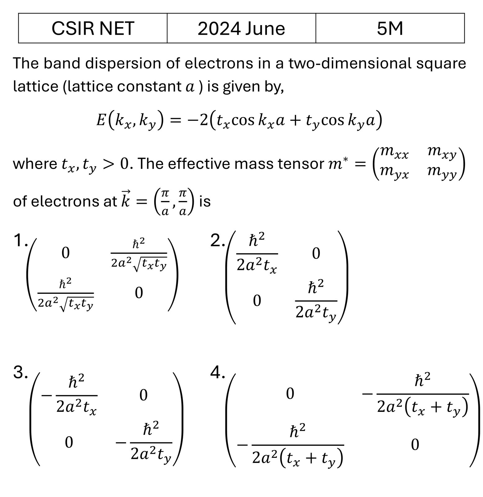 CSIR NET 2024 June Tight binding model previous year question CSIR_2024_June_Q69