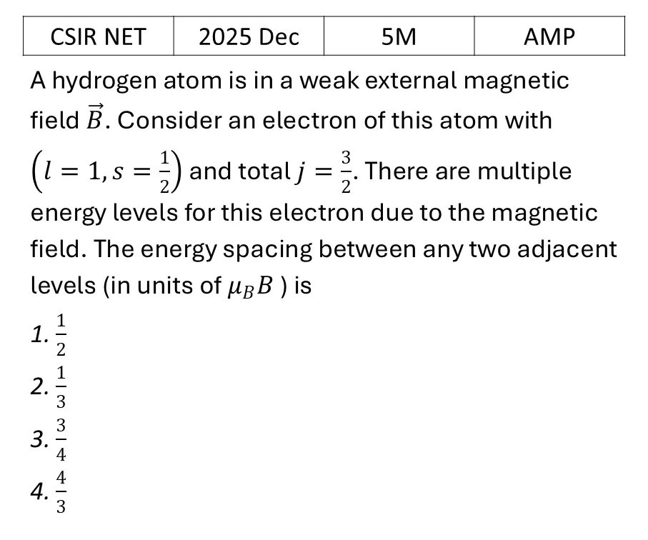 CSIR NET 2025 Dec Zeeman effect previous year question CSIR_2025_Dec_Q75
