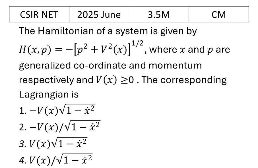 CSIR NET 2025 June Lagrangian and Hamiltonian previous year question CSIR_2025_June_Q27