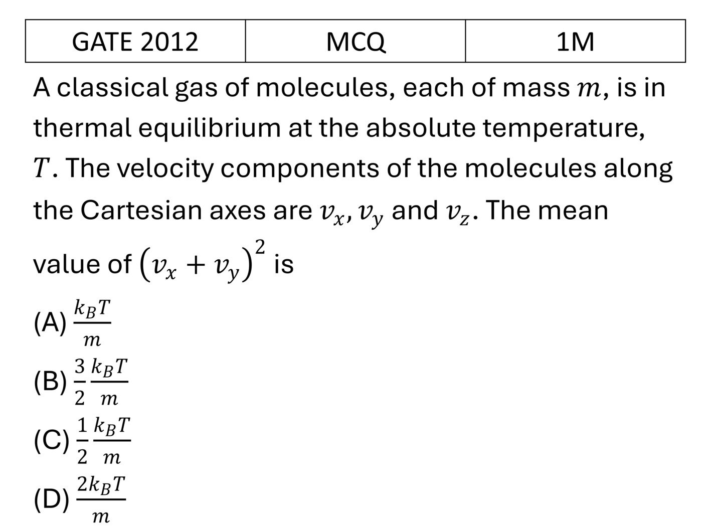 GATE 2012 Kinetic theory of gases previous year question GATE_2012_Q13