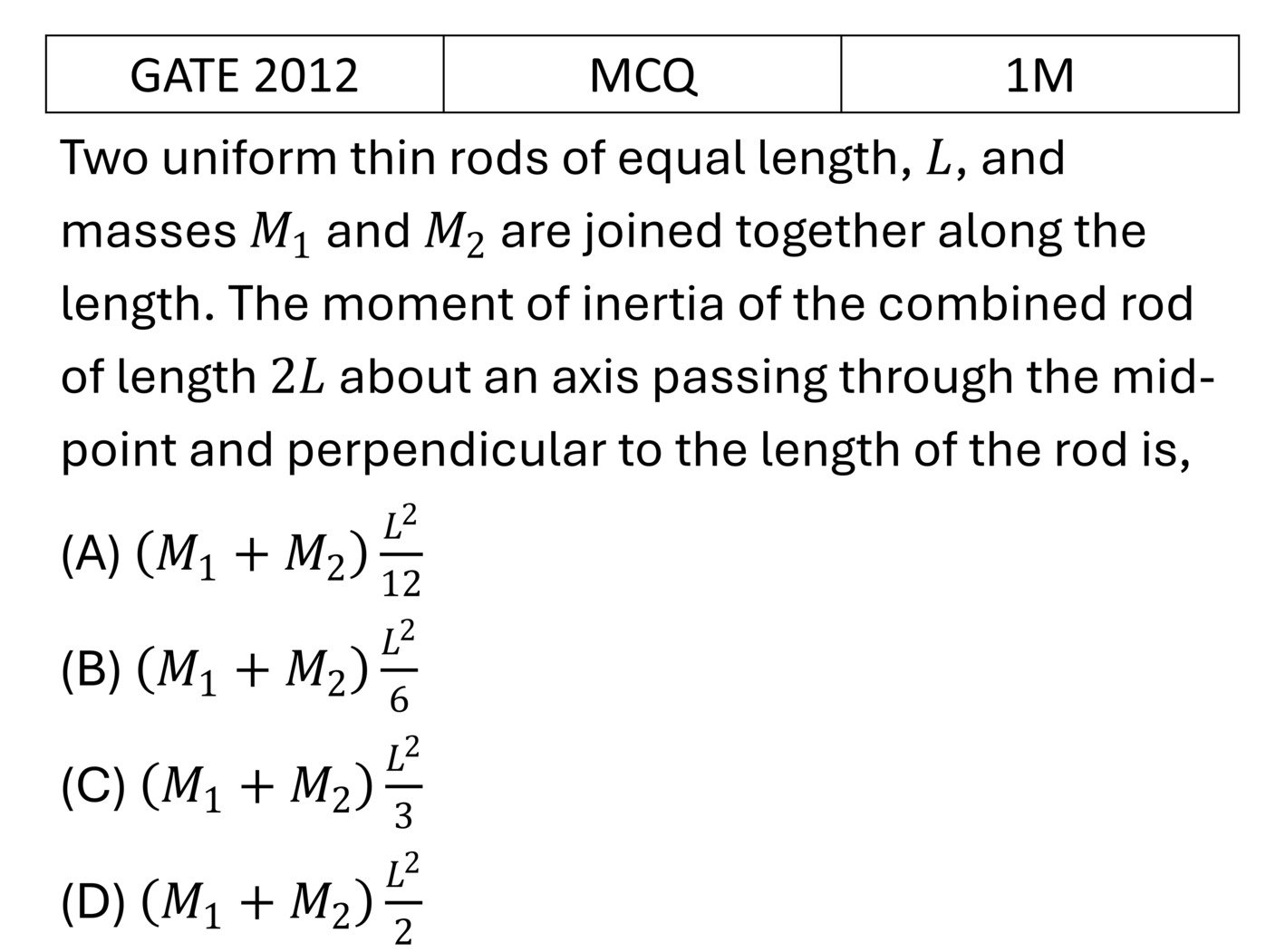 GATE 2012 Rotation Motion previous year question GATE_2012_Q2