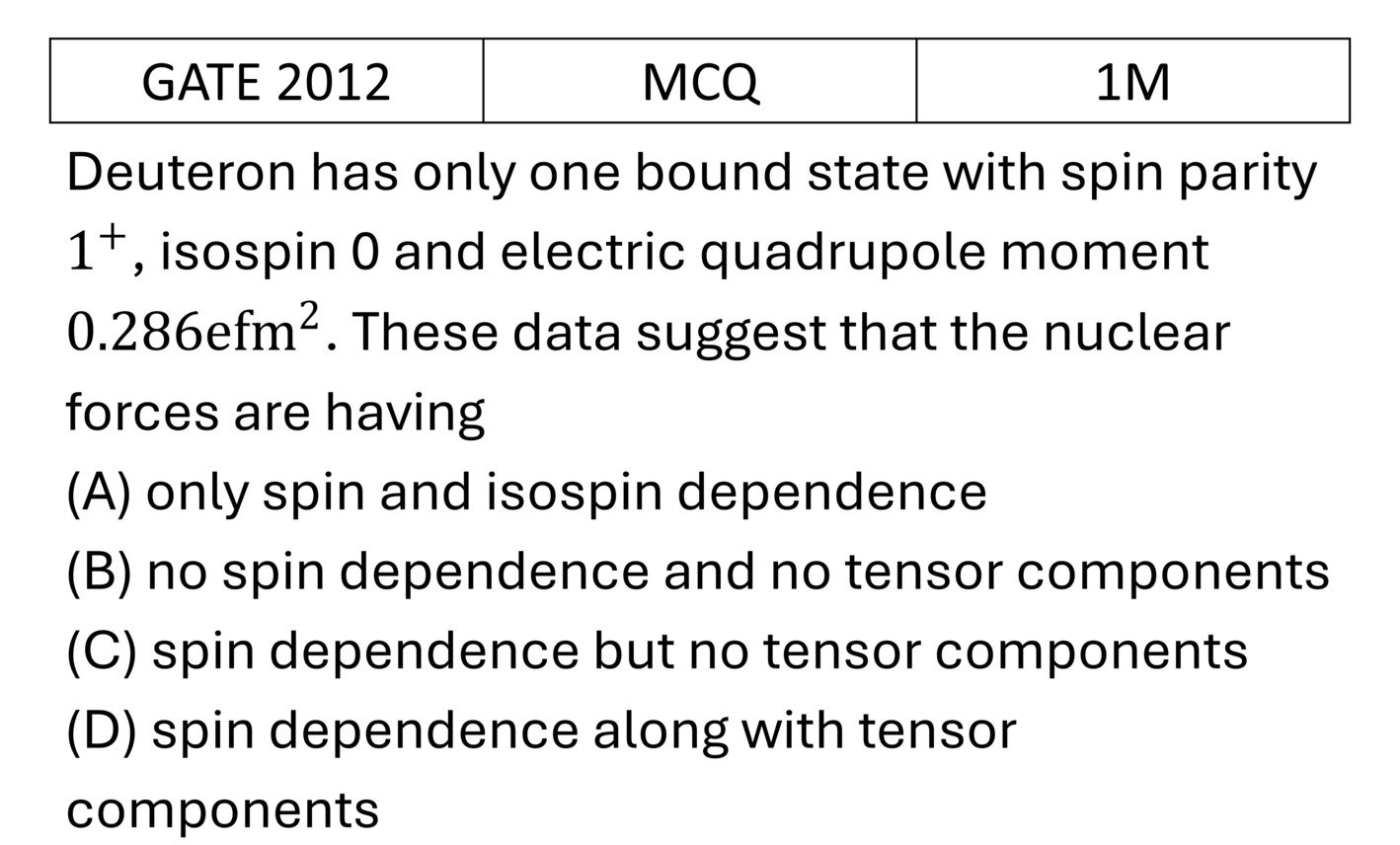 GATE 2012 Nuclear Force, deuteron problem and scattering previous year question GATE_2012_Q21