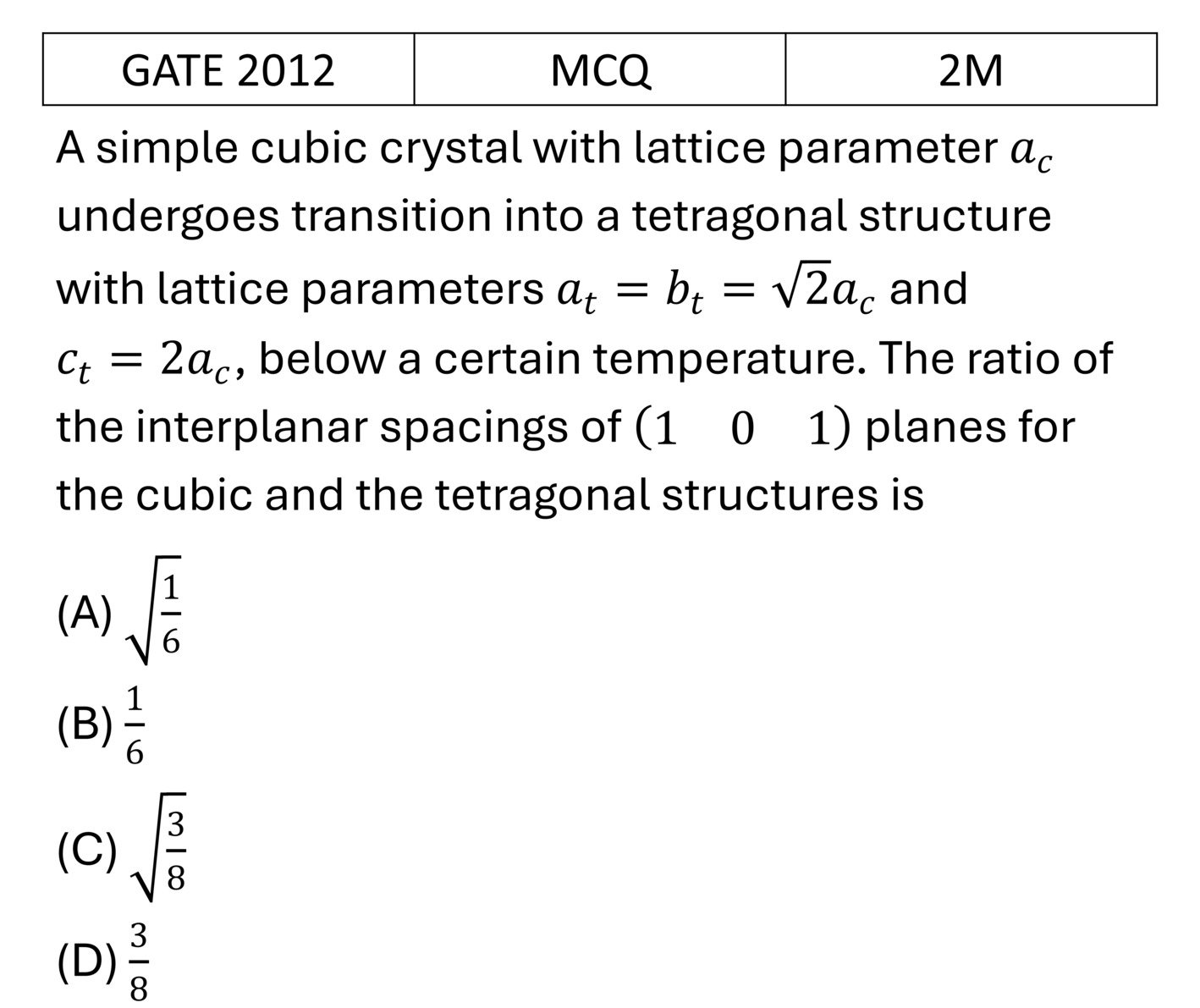 GATE 2012 Crystallography previous year question GATE_2012_Q36