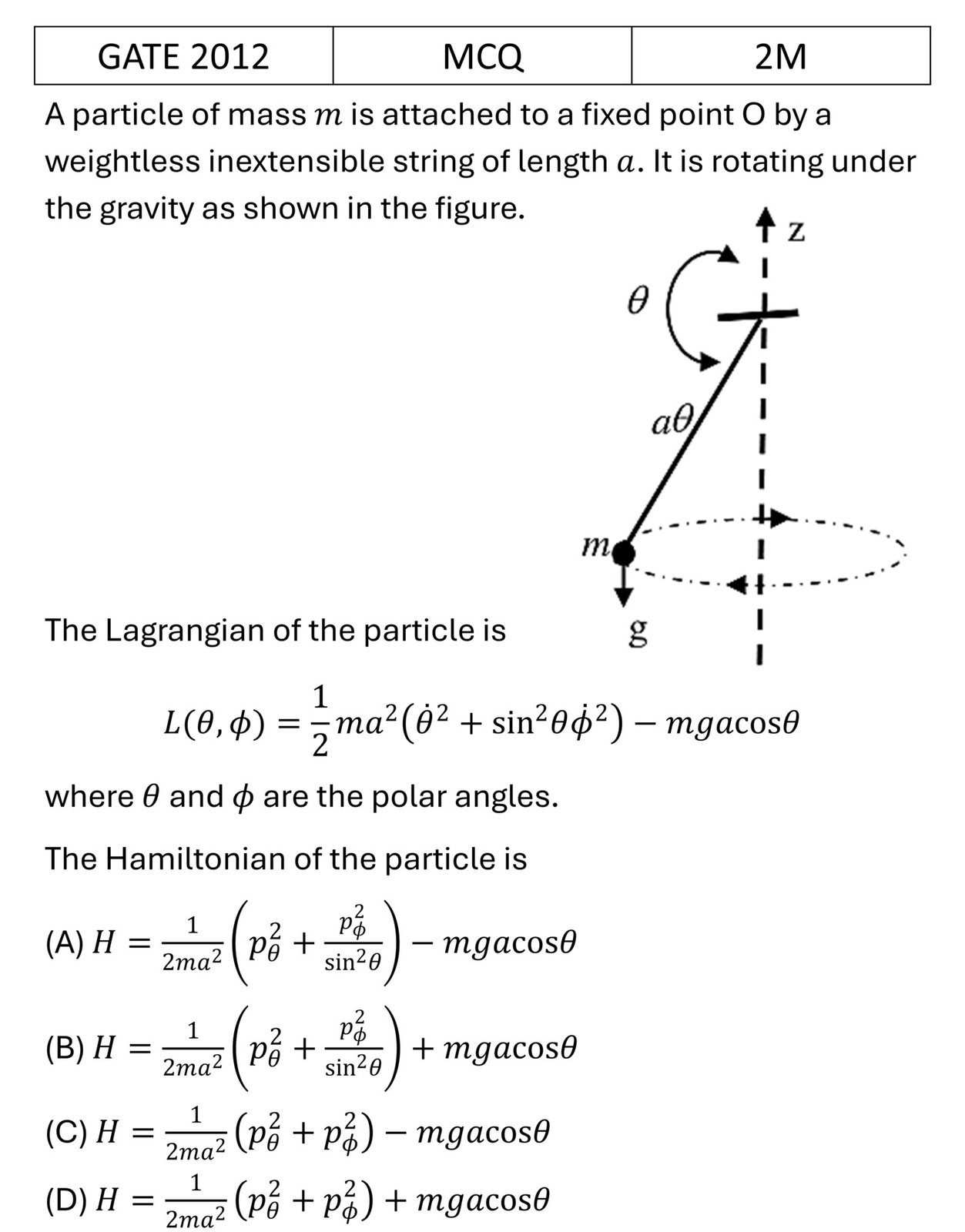 GATE 2012 Lagrangian and Hamiltonian previous year question GATE_2012_Q42