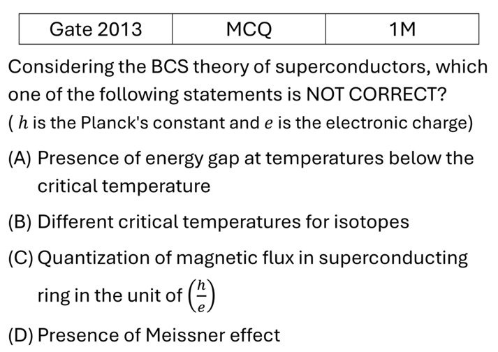 GATE 2013 Superconductivity previous year question GATE_2013_Q21
