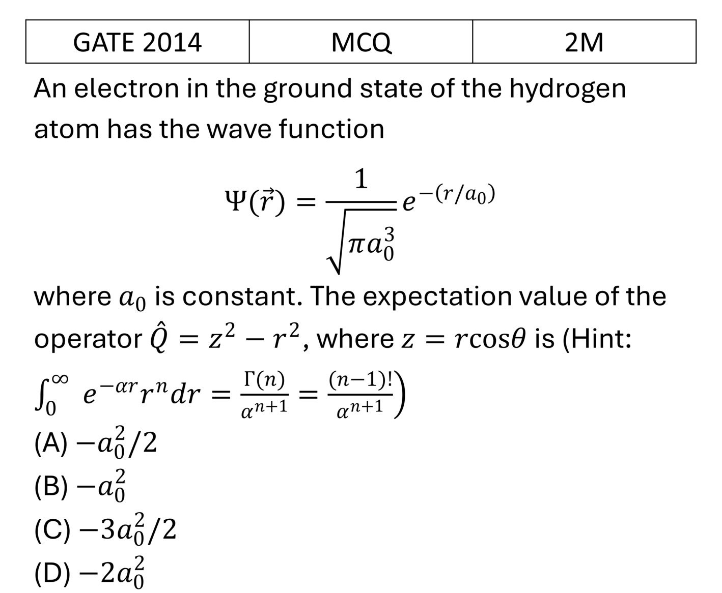 GATE 2014 Orbital angular Momentum and Hydrogen atom previous year question GATE_2014_Q37