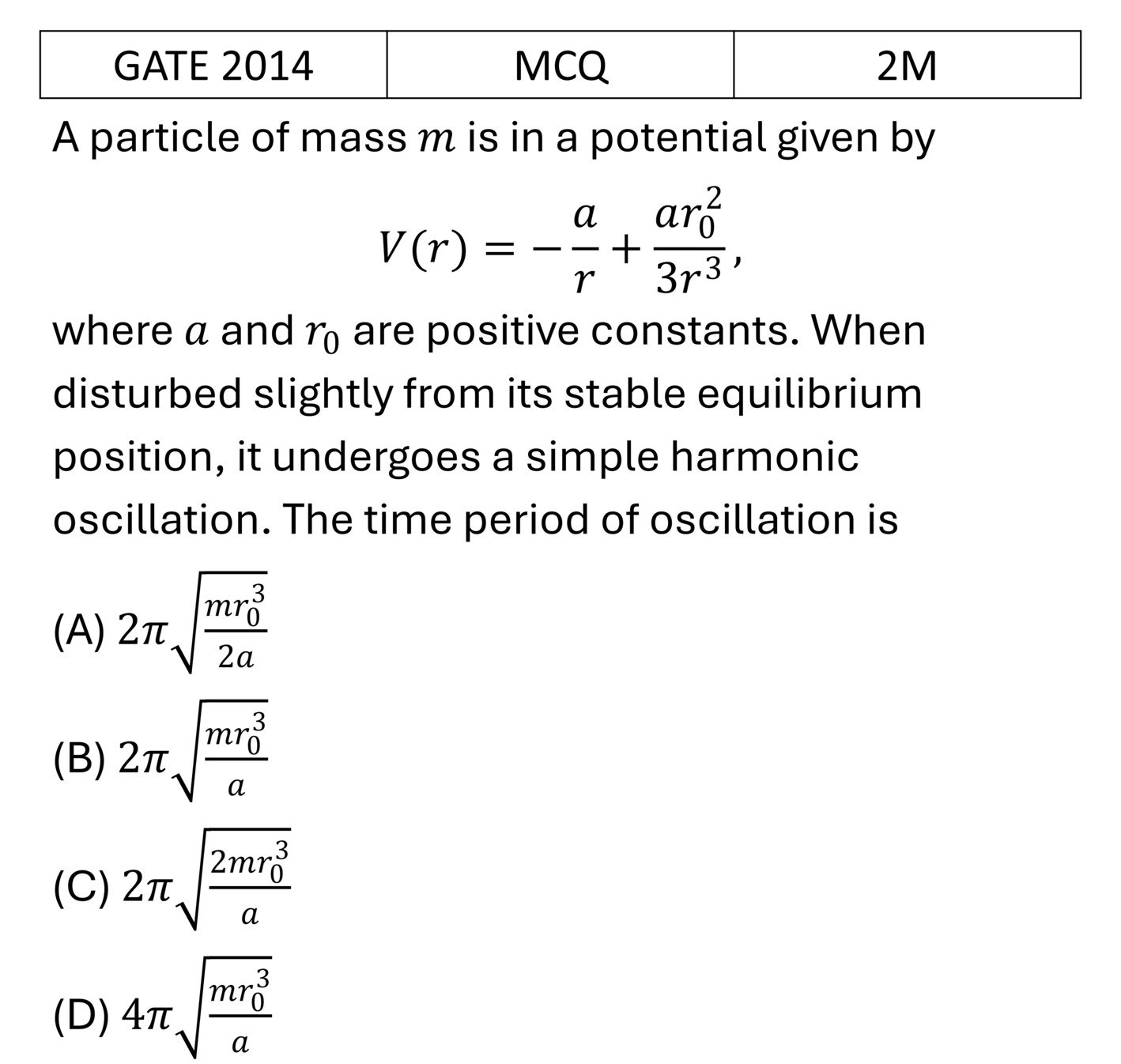 GATE 2014 Small Oscillations previous year question GATE_2014_Q39