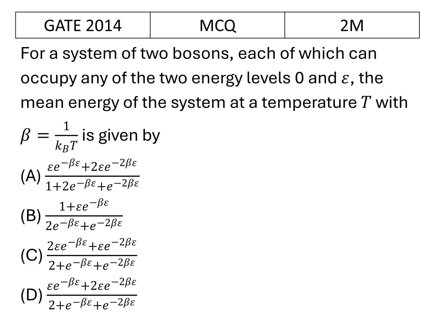 GATE 2014 Canonical Ensemble previous year question GATE_2014_Q50