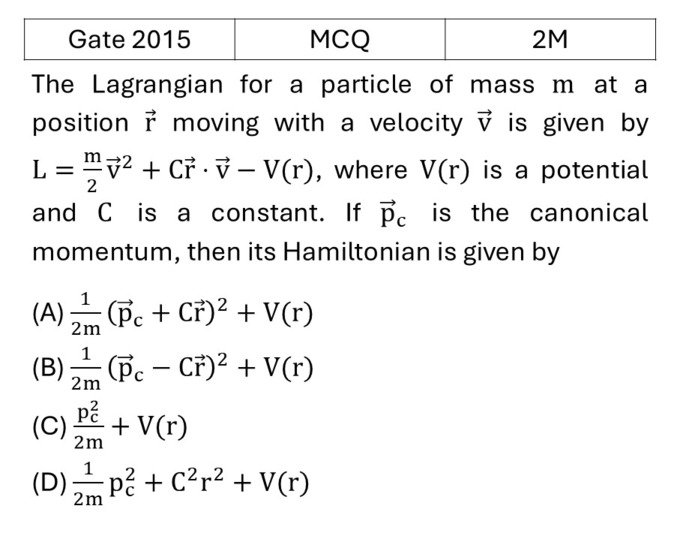 GATE 2015 Lagrangian and Hamiltonian previous year question GATE_2015_Q51