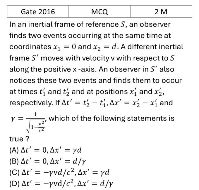 GATE 2016 Special theory of relativity previous year question GATE_2016_Q48