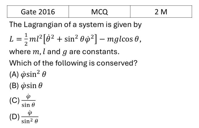 GATE 2016 Lagrangian and Hamiltonian previous year question GATE_2016_Q52