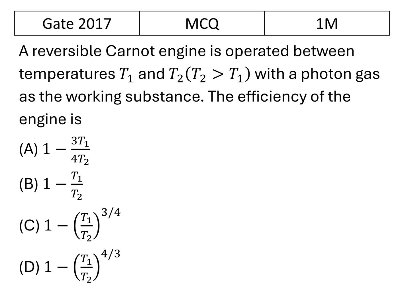 GATE 2017 Carnot Cycle previous year question GATE_2017_Q24