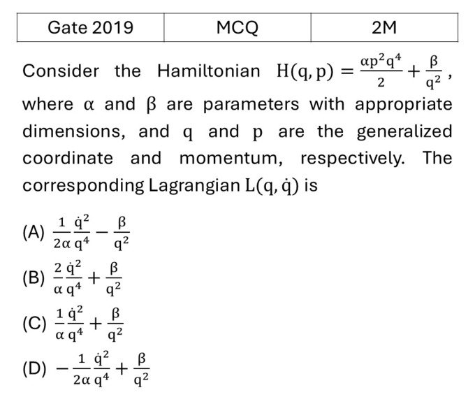 GATE 2019 Lagrangian and Hamiltonian previous year question GATE_2019_Q52