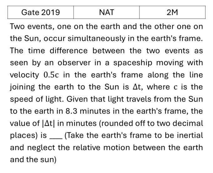 GATE 2019 Special theory of relativity previous year question GATE_2019_Q64
