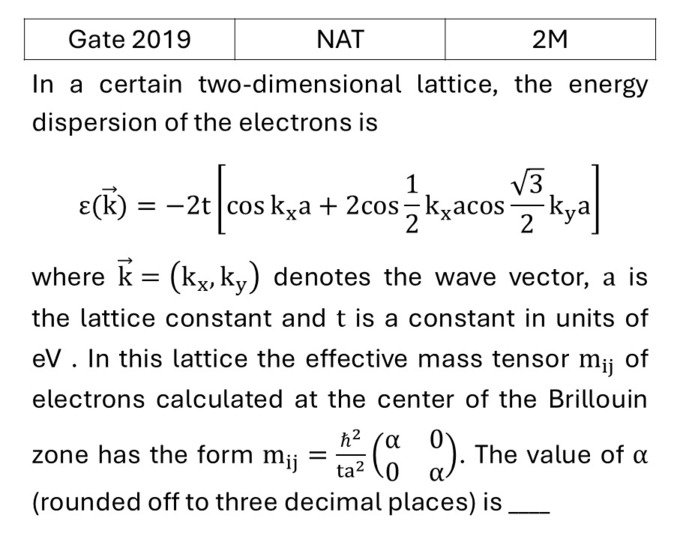 GATE 2019 Tight binding model previous year question GATE_2019_Q65
