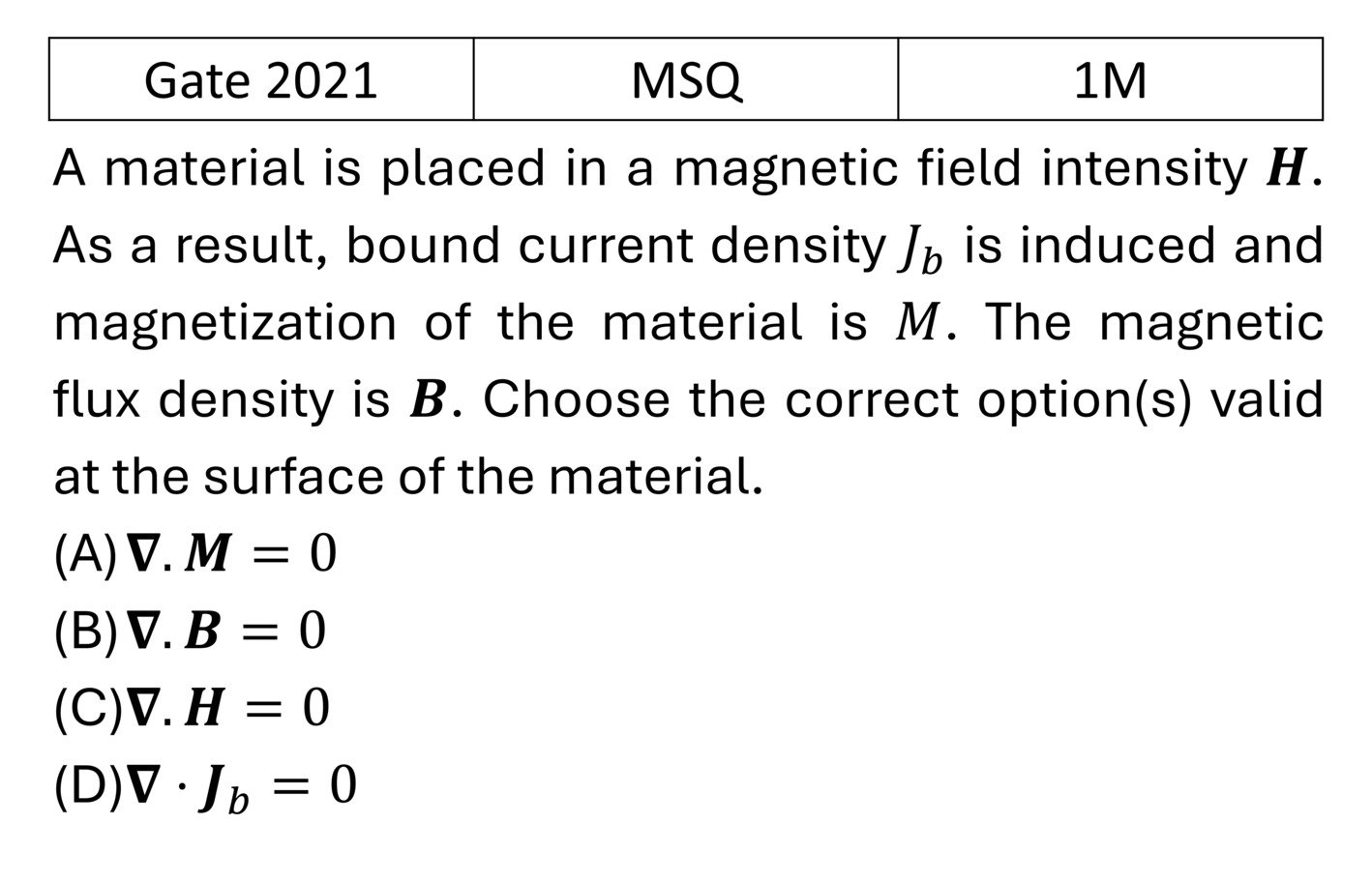 GATE 2021 Magnetism in matter previous year question GATE_2021_Q22
