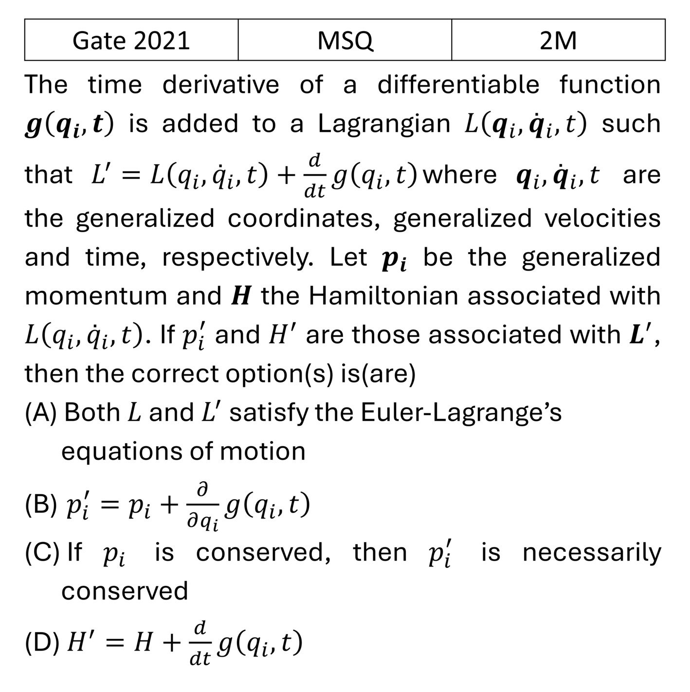 GATE 2021 Lagrangian and Hamiltonian previous year question GATE_2021_Q56