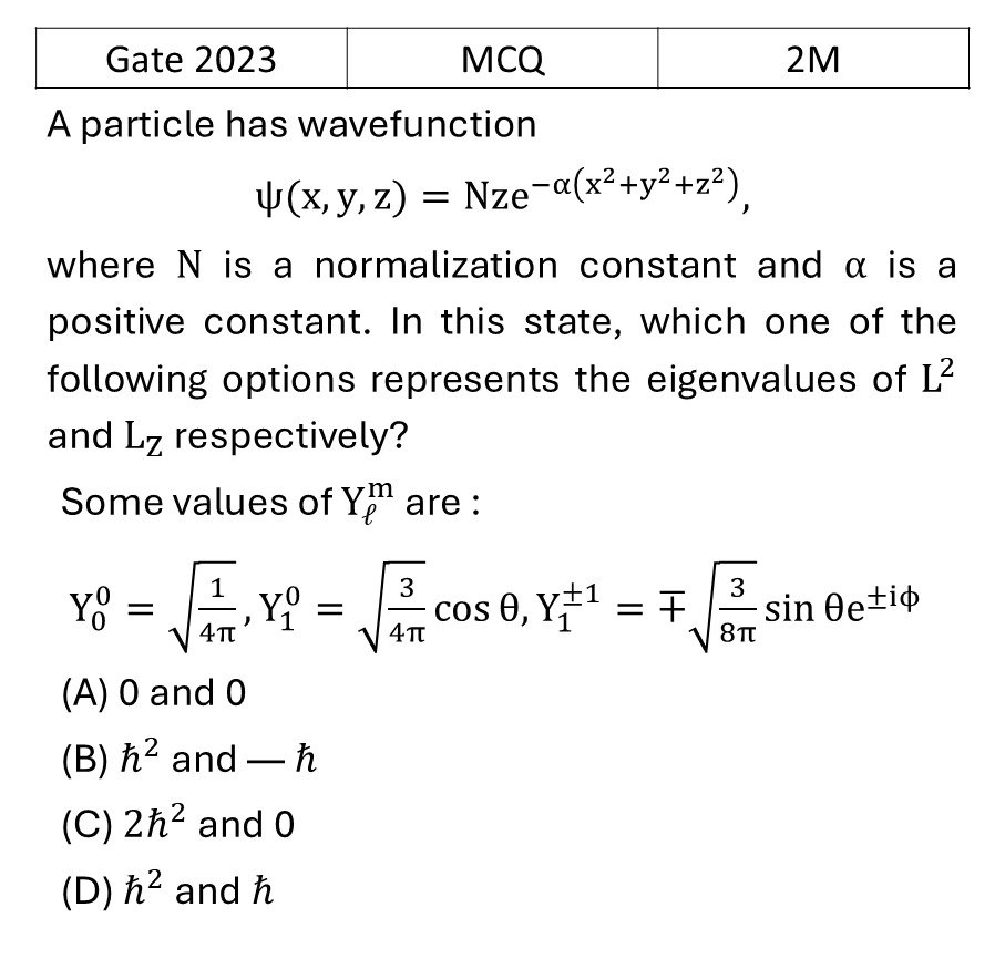 GATE 2023 Orbital angular Momentum and Hydrogen atom previous year question GATE_2023_Q49