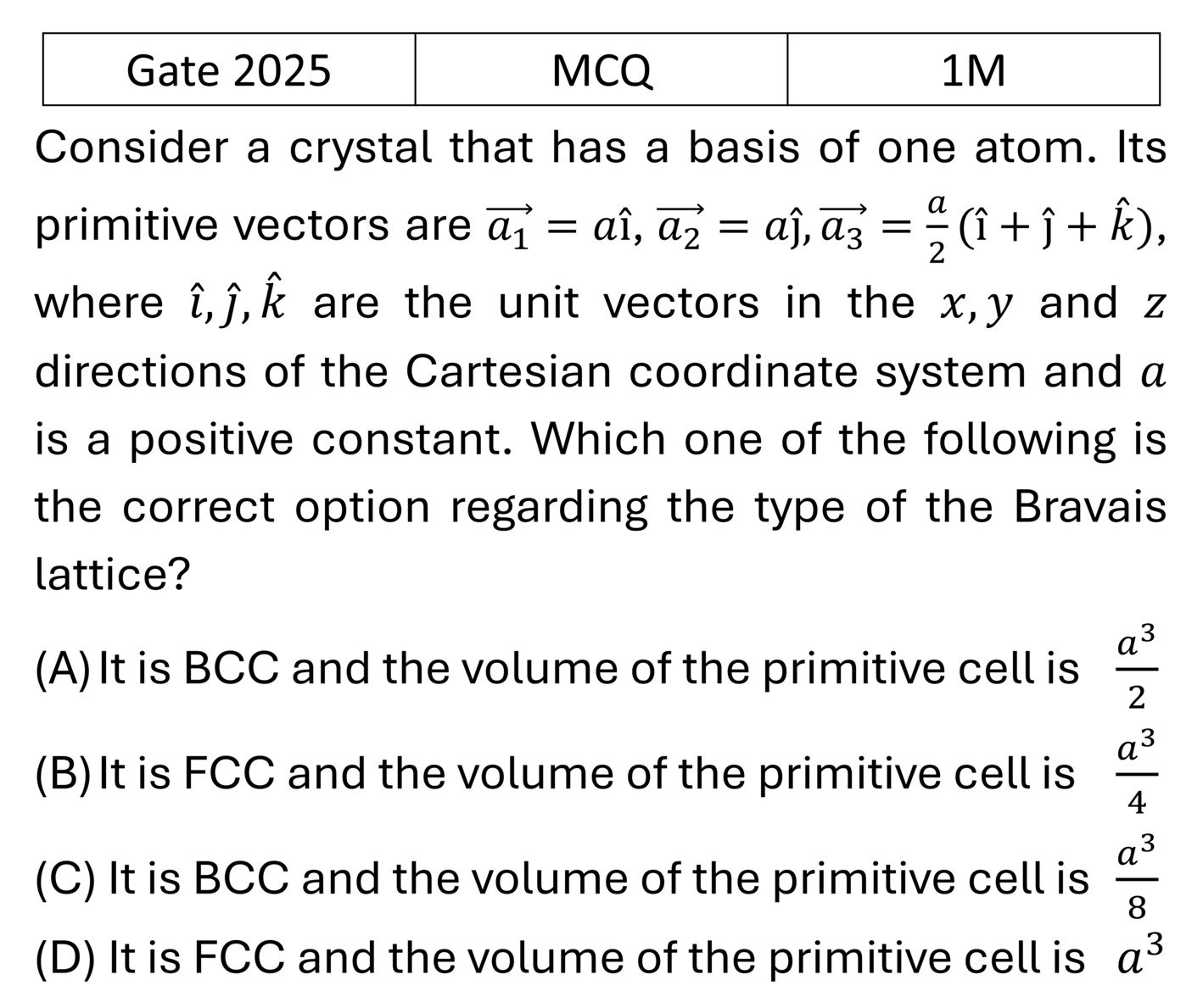 GATE 2025 Crystallography previous year question GATE_2025_Q12