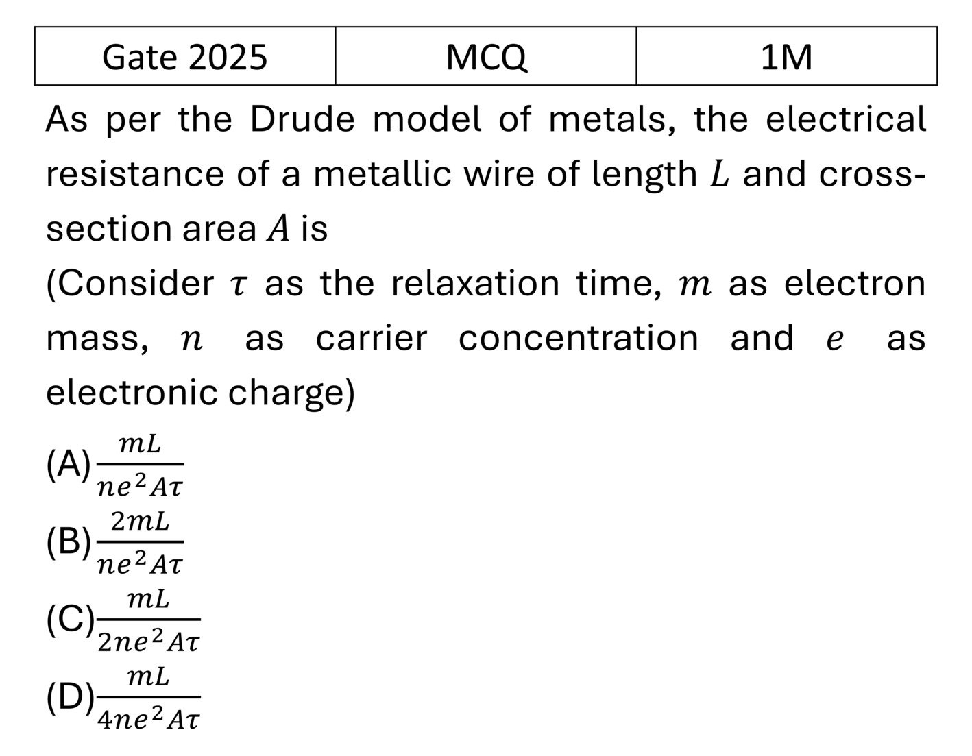 GATE 2025 Free electron model previous year question GATE_2025_Q17