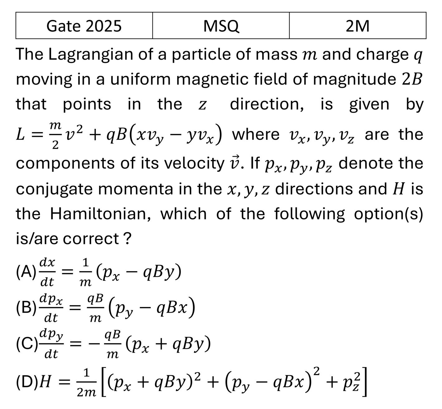 GATE 2025 Lagrangian and Hamiltonian previous year question GATE_2025_Q51