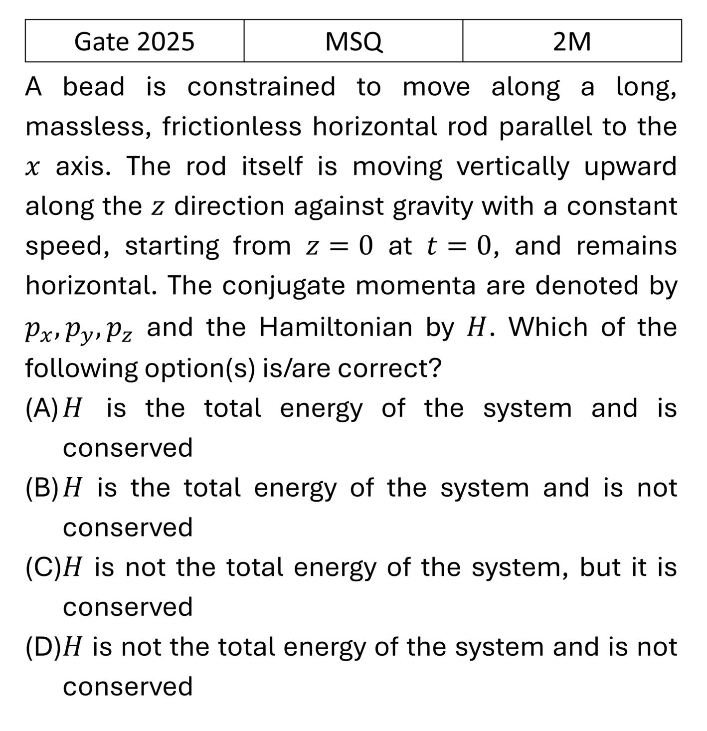 GATE 2025 Lagrangian and Hamiltonian previous year question GATE_2025_Q52