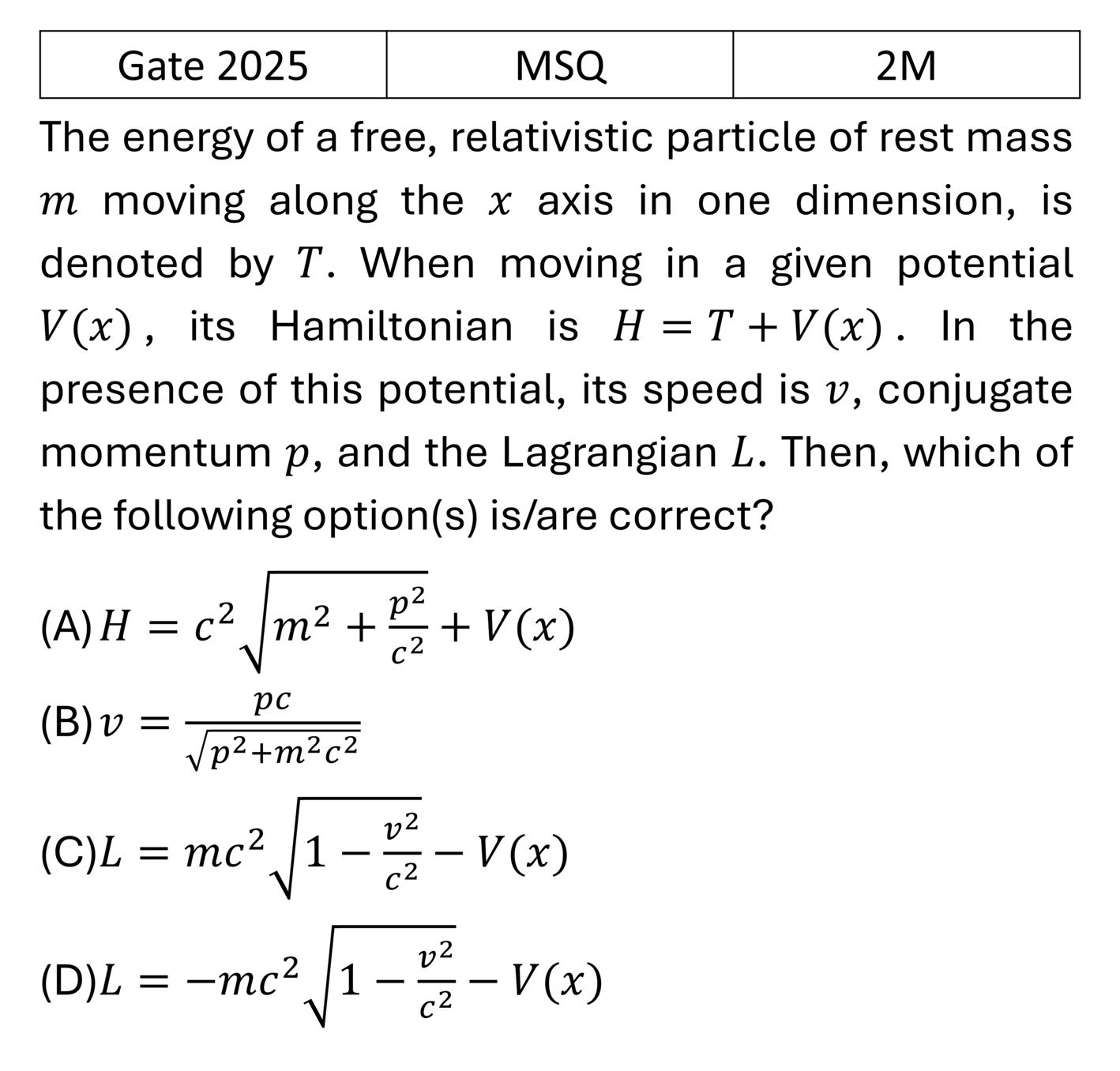 GATE 2025 Special theory of relativity previous year question GATE_2025_Q54