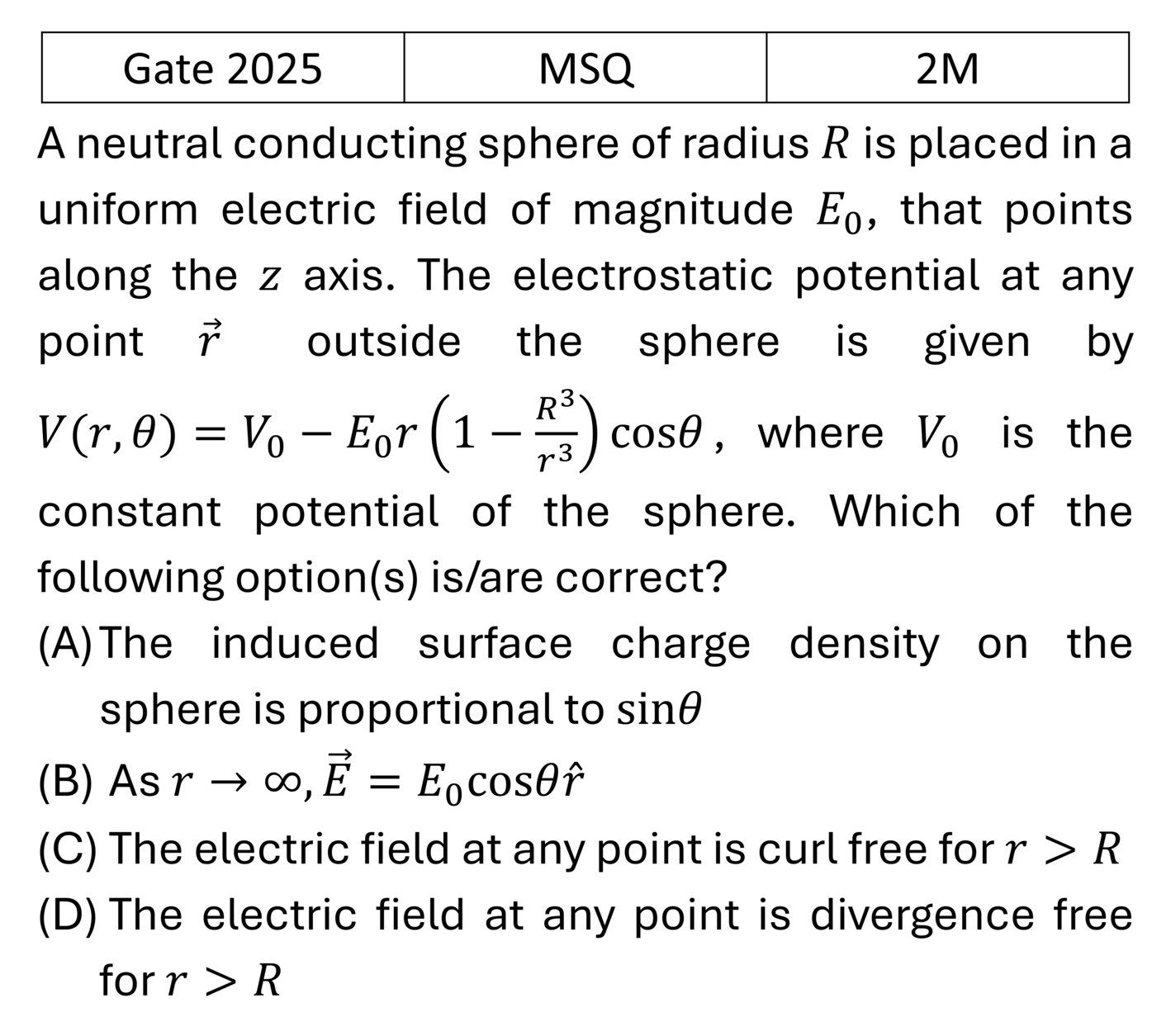 GATE 2025 Electrostatics previous year question GATE_2025_Q56