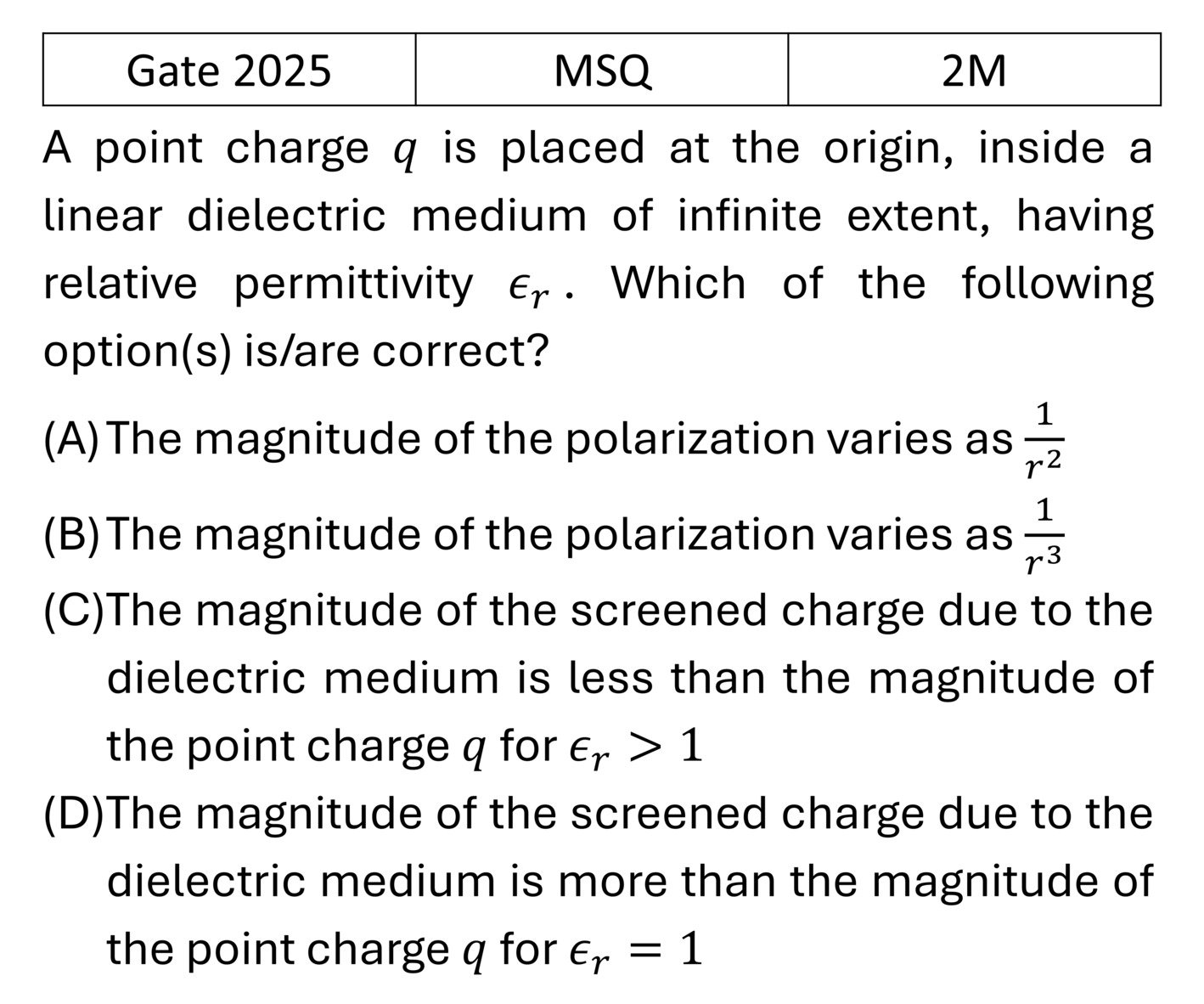 GATE 2025 Electric field in matter previous year question GATE_2025_Q57