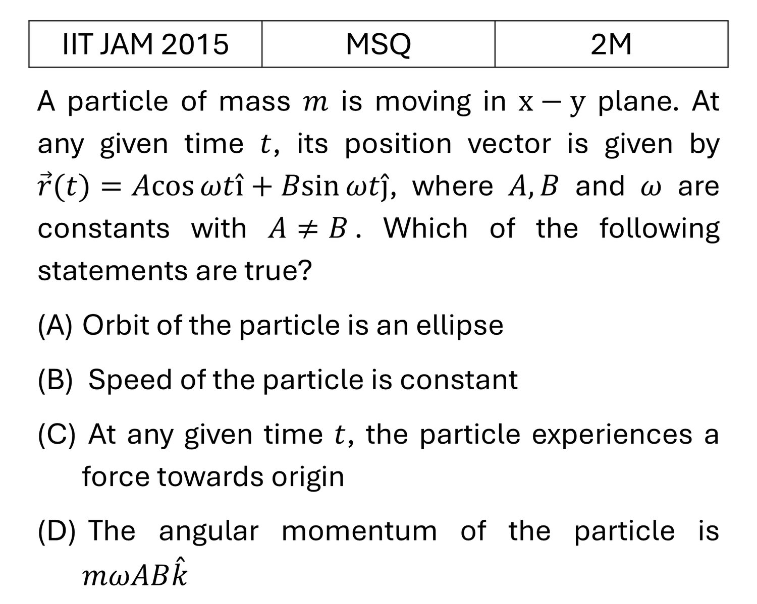 IIT JAM 2015 Basic Mechanics previous year question IIT_JAM_2015_Q33