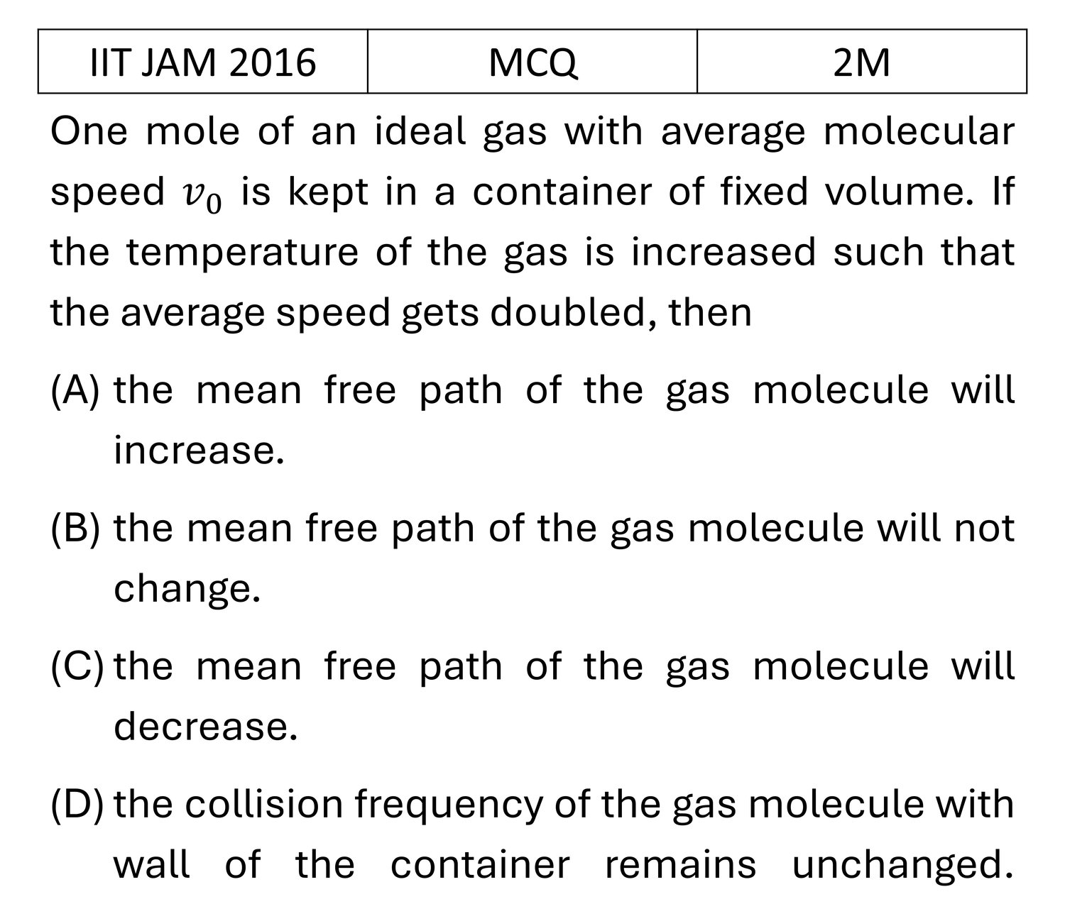 IIT JAM 2016 Kinetic theory of gases previous year question IIT_JAM_2016_Q27