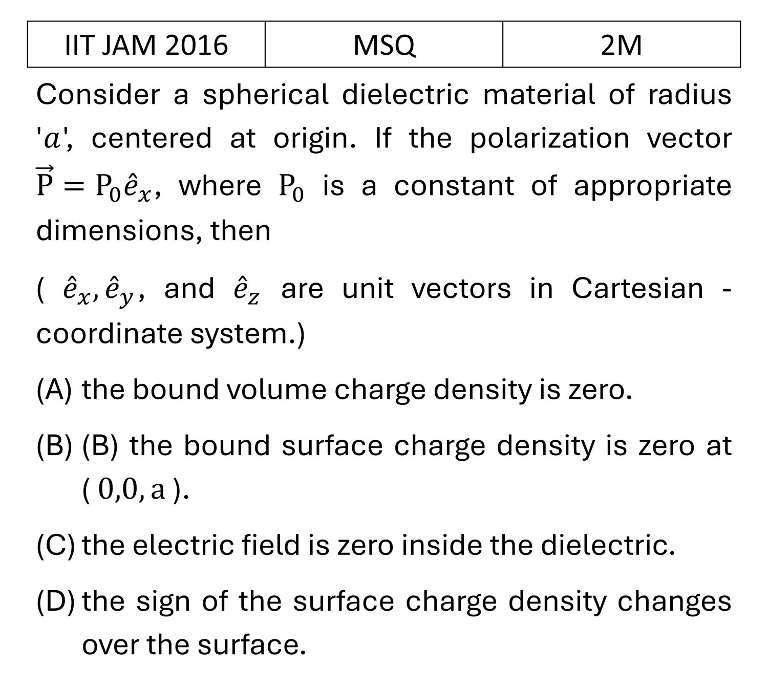 IIT JAM 2016 Electric filed in matter previous year question IIT_JAM_2016_Q31
