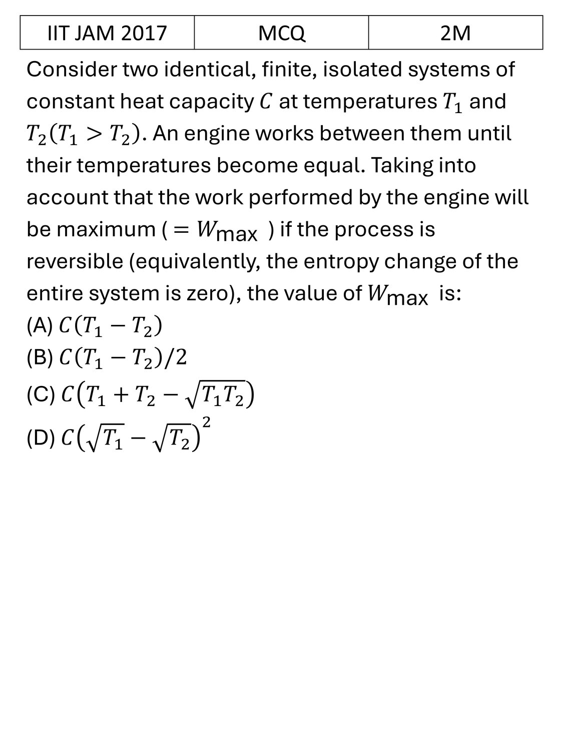 IIT JAM 2017 Carnot Cycle previous year question IIT_JAM_2017_Q17