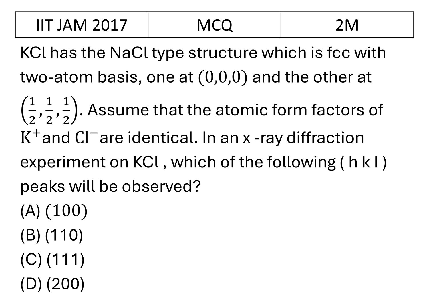 IIT JAM 2017 Xray diffraction previous year question IIT_JAM_2017_Q21