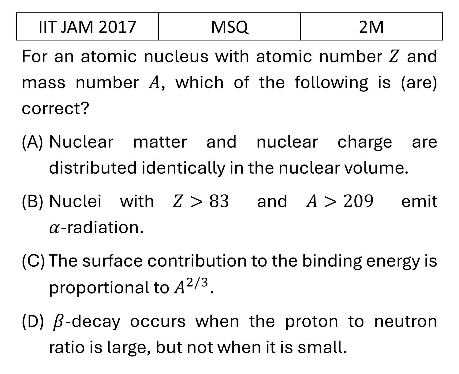 IIT JAM 2017 Nuclear Physics previous year question IIT_JAM_2017_Q32