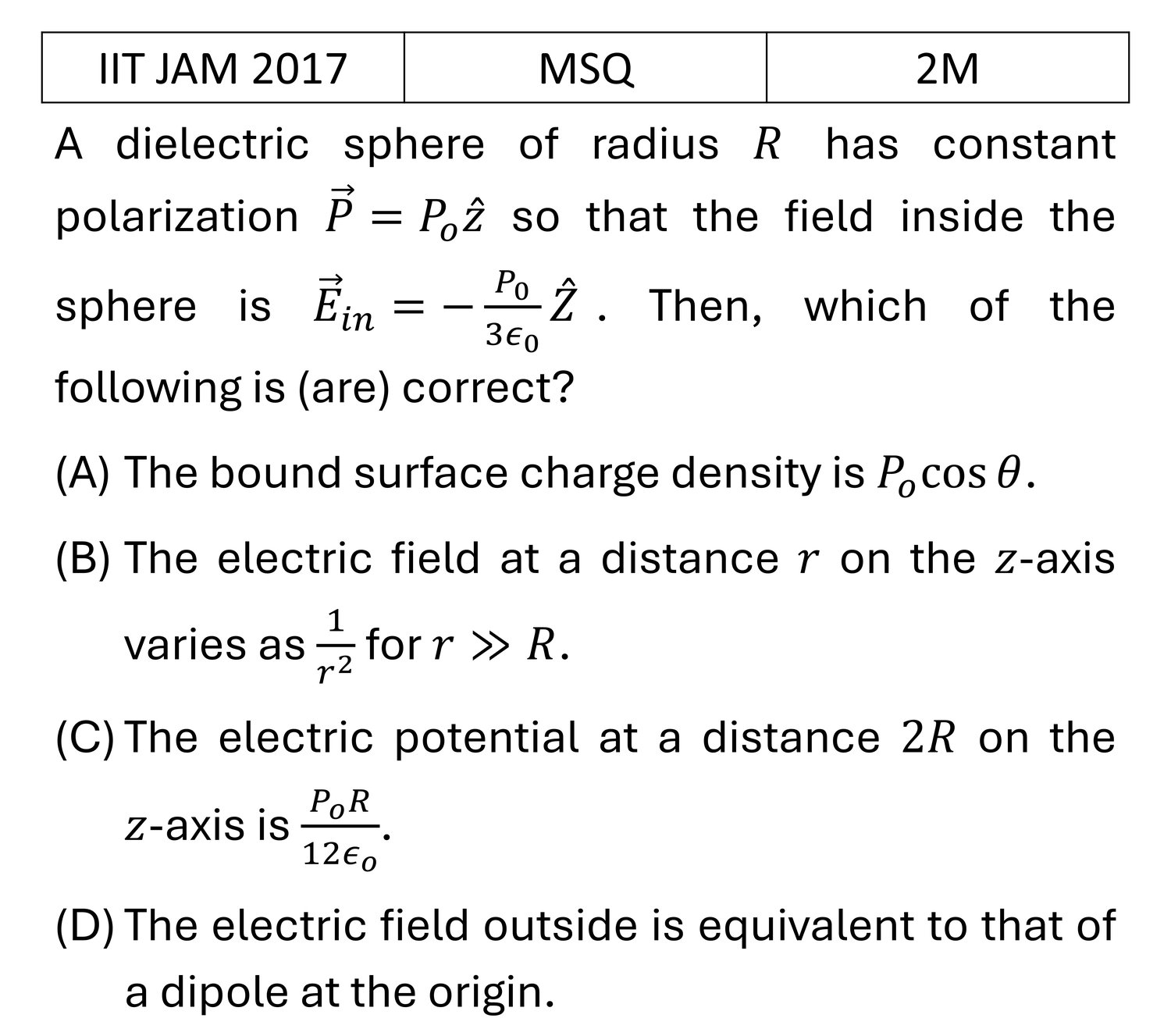 IIT JAM 2017 Electric filed in matter previous year question IIT_JAM_2017_Q35
