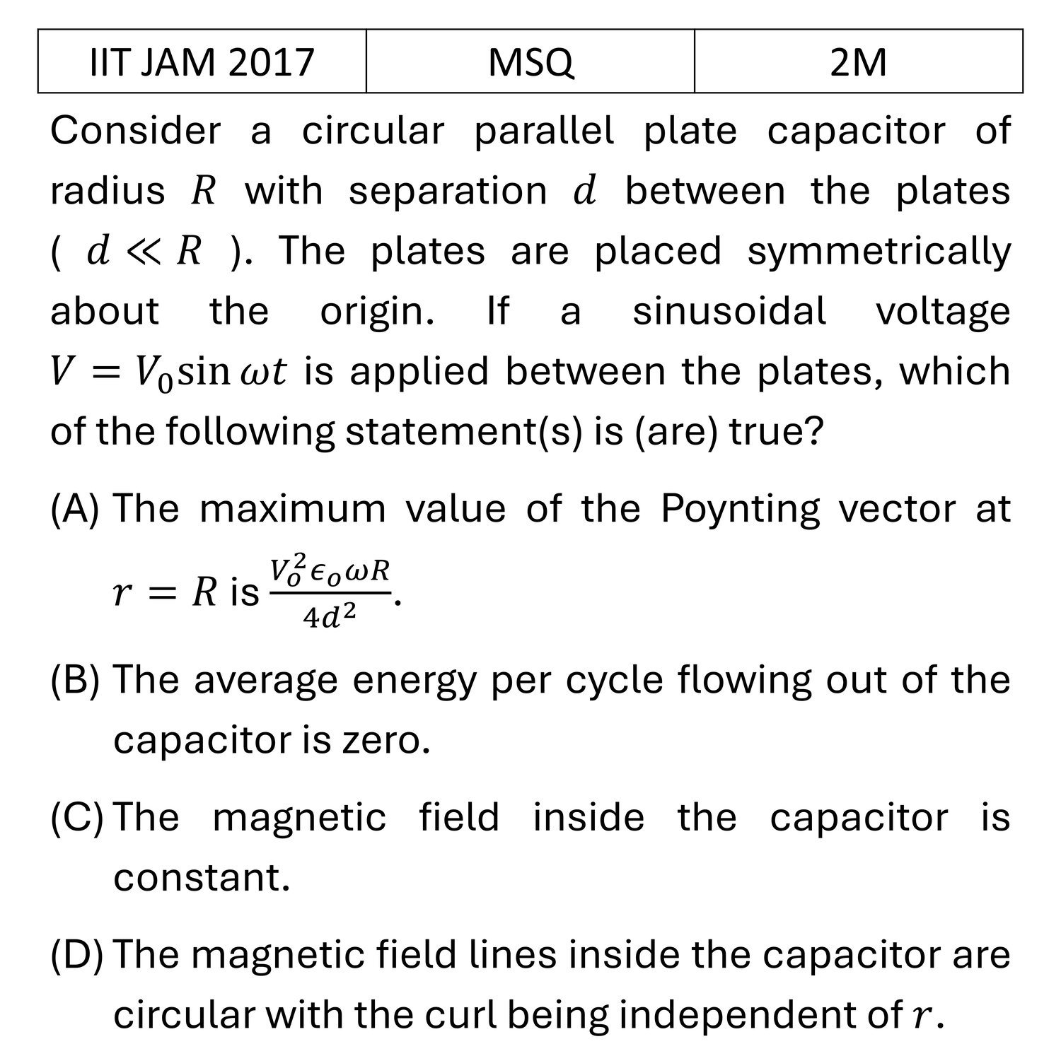 IIT JAM 2017 Electrodynamics previous year question IIT_JAM_2017_Q36