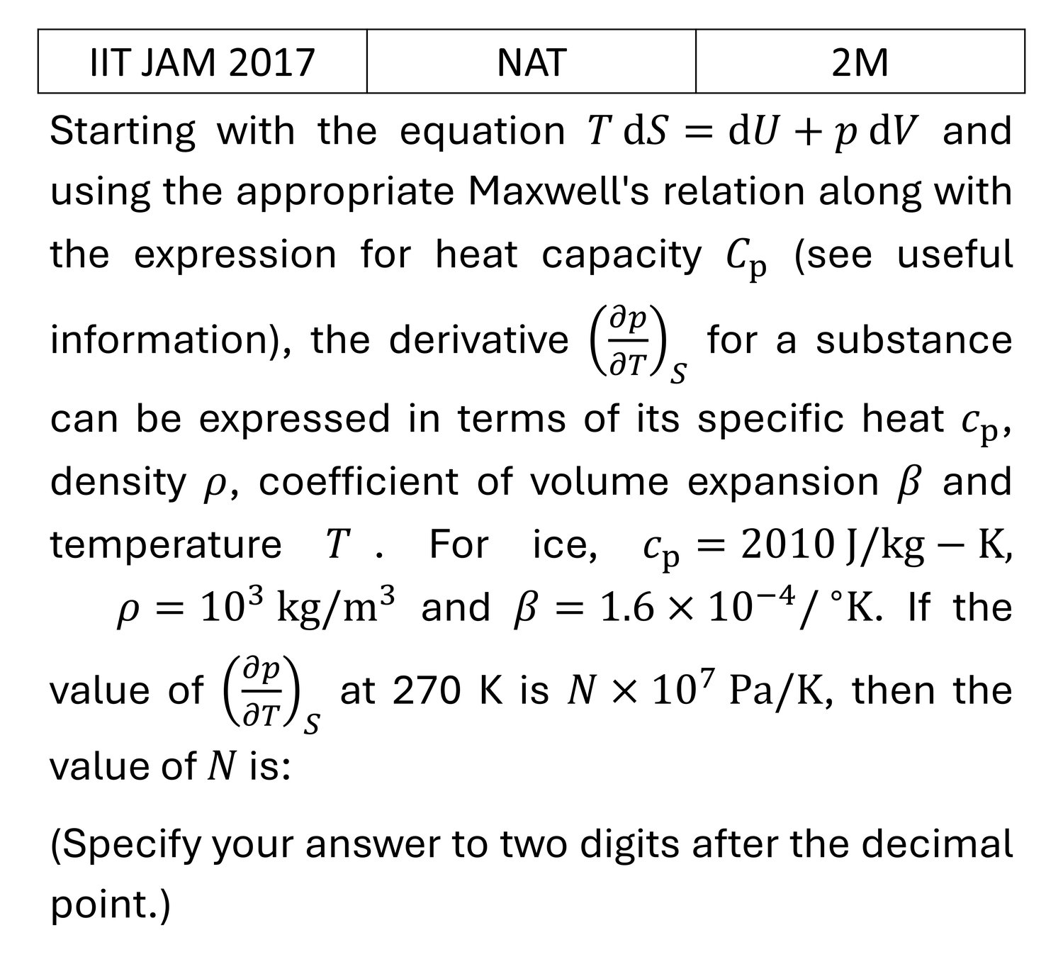 IIT JAM 2017 Thermodynamic potential and Maxwell relations previous year question IIT_JAM_2017_Q56