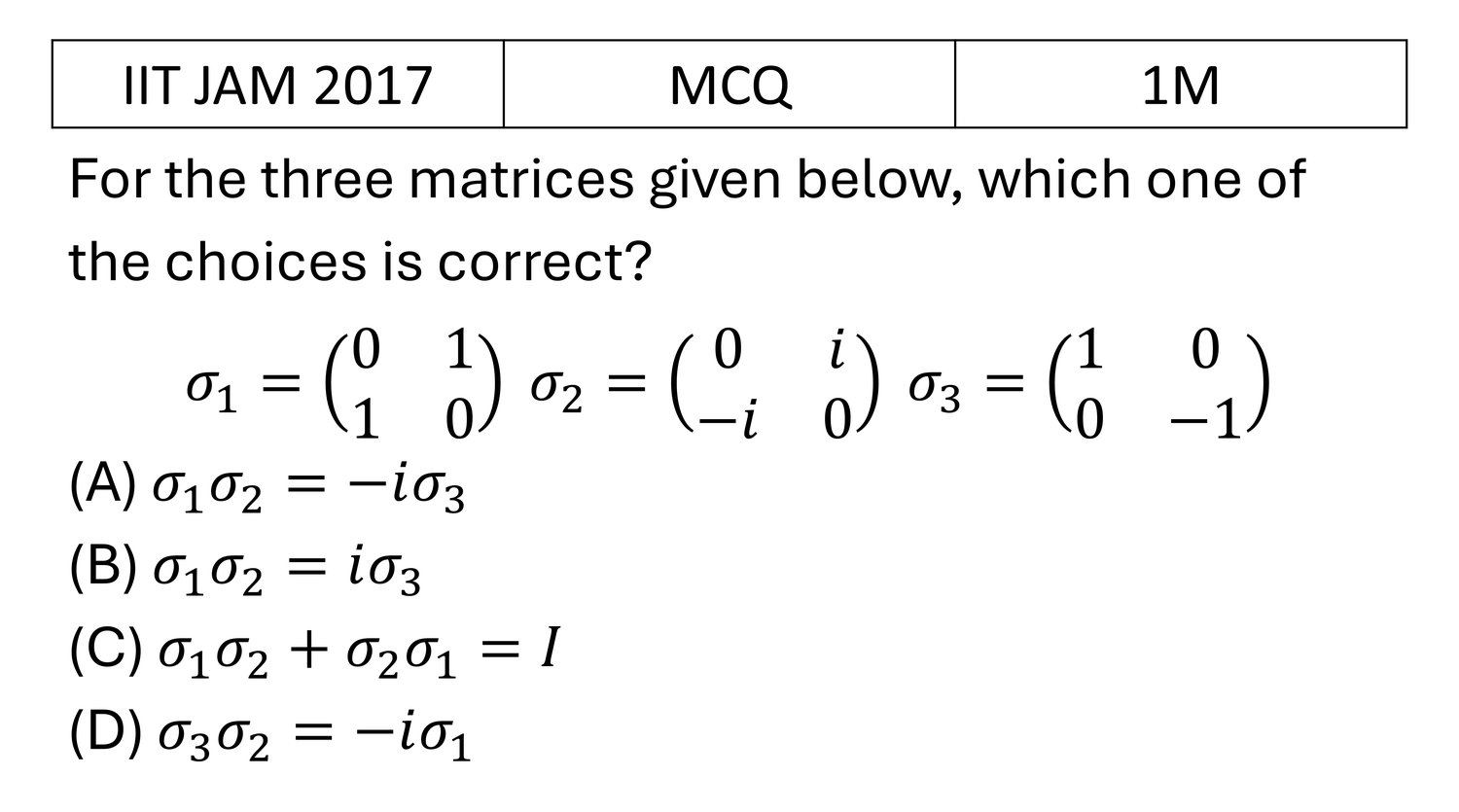 IIT JAM 2017 Matrices previous year question IIT_JAM_2017_Q8