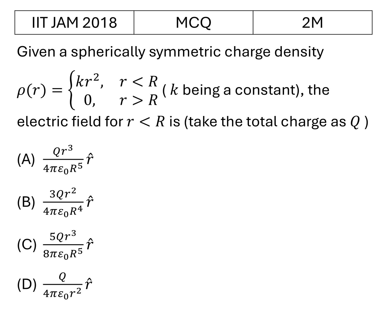 IIT JAM 2018 Electrostatics previous year question IIT_JAM_2018_Q18