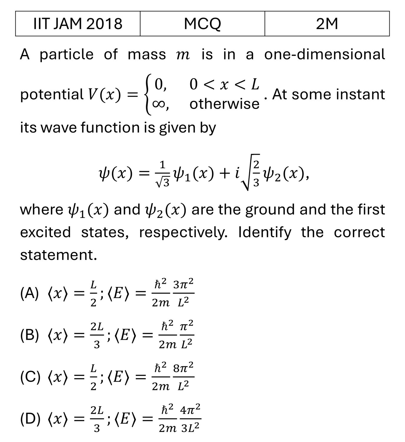 IIT JAM 2018 Basic Quantum Mechanics previous year question IIT_JAM_2018_Q28