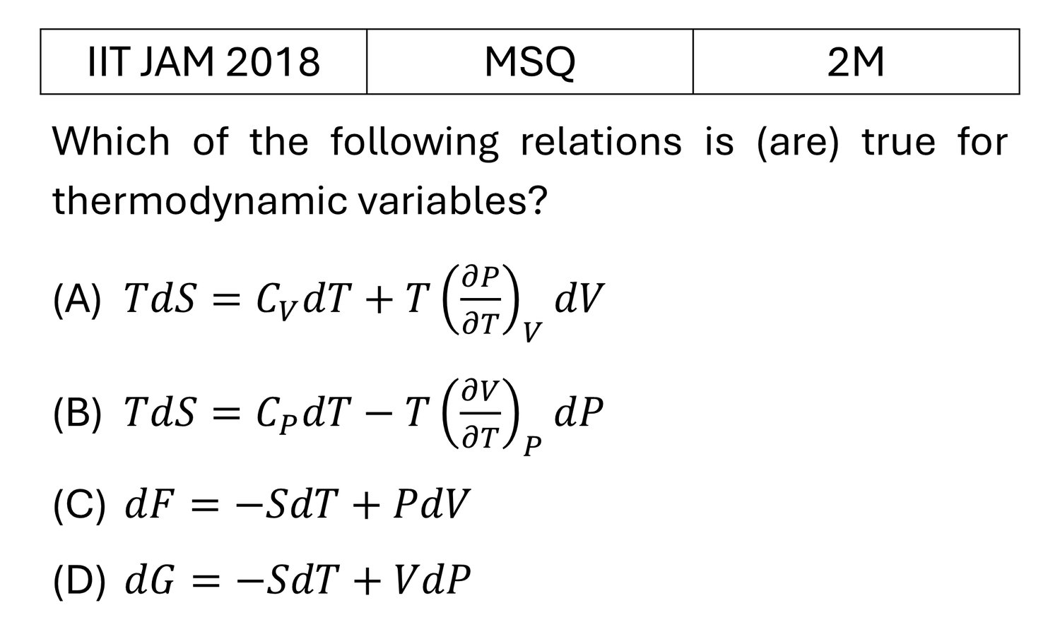 IIT JAM 2018 Thermodynamic potential and Maxwell relations previous year question IIT_JAM_2018_Q35