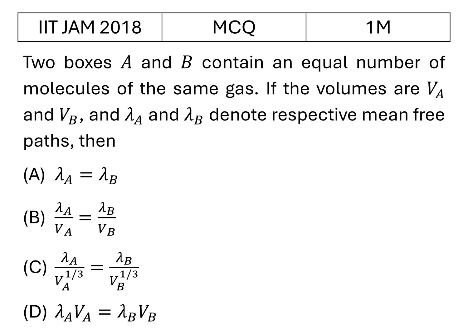 IIT JAM 2018 Kinetic theory of gases previous year question IIT_JAM_2018_Q7